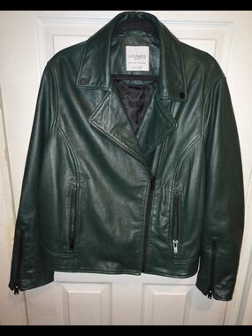 🌲 Violeta by Mango Forest Green Genuine Leather Moto Jacket - XL